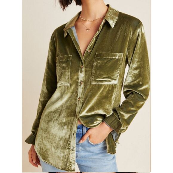 Maeve by Anthropologie Karina Green Velvet Button-Up Relaxed Fit Shirt, Size 8 - Picture 1 of 8